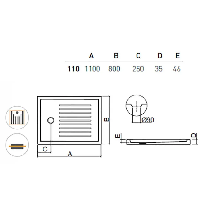 Plato Ducha Acrilico Piano Encastrar Unisan Plano Técnico