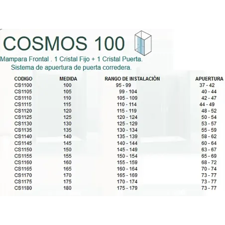 FICHA MAMPARA DUCHA FRONTAL CORREDERA COSMOS CO100 CASTEL