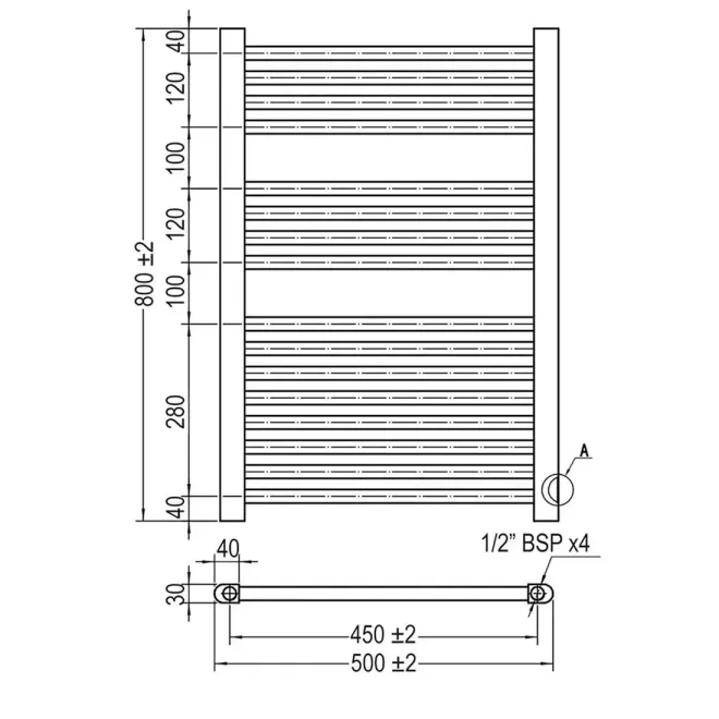PLANO RADIADOR TOALLERO AGUA BASIC BAALNEO 800X500