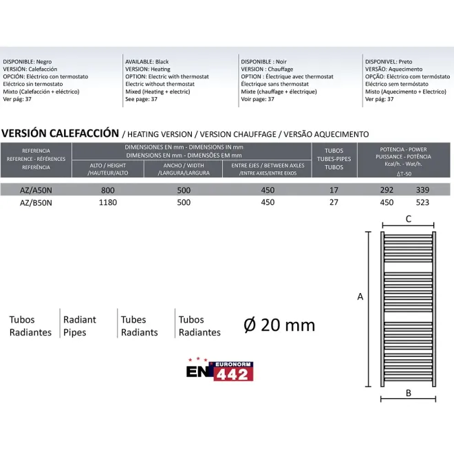 RADIADOR TOALLERO AGUA AZORES RODRIGUEZ CALDERON NEGRO TÉCNICO