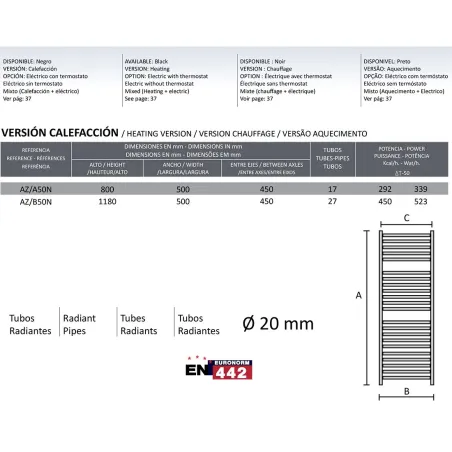 RADIADOR TOALLERO AGUA AZORES RODRIGUEZ CALDERON NEGRO TÉCNICO