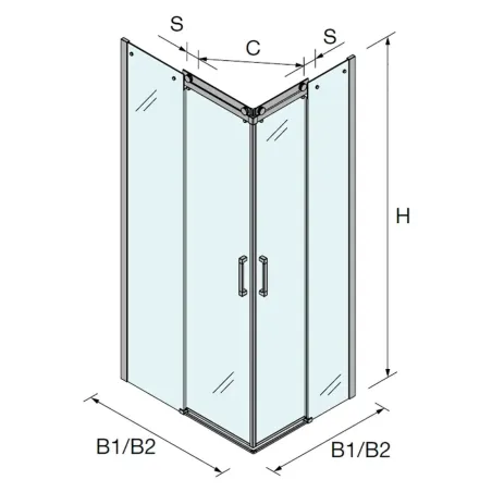 PLANO MAMPARA DE DUCHA ANGULAR CORREDERA 4 HOJAS HELSINKI SALGAR