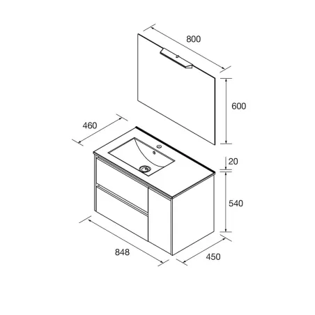 PLANO CONJUNTO MUEBLE DE BAÑO NOJA 2 CAJONES 1PUERTA SALGAR