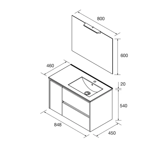 PLANO CONJUNTO MUEBLE DE BAÑO NOJA 2 CAJONES 1PUERTA SALGAR