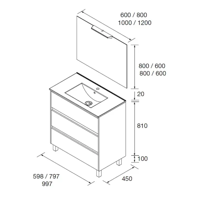 PLANO CONJUNTO MUEBLE DE BAÑO NOJA 3 CAJONES SALGAR