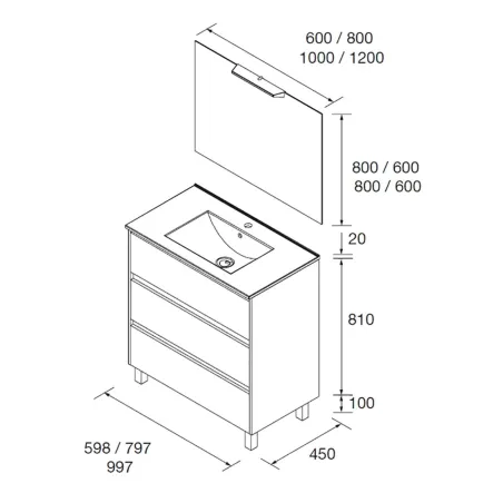 PLANO CONJUNTO MUEBLE DE BAÑO NOJA 3 CAJONES SALGAR
