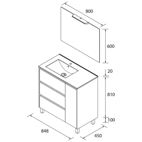 PLANO CONJUNTO MUEBLE DE BAÑO NOJA 3 CAJONES 1 PUERTA SALGAR