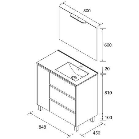 PLANO CONJUNTO MUEBLE DE BAÑO NOJA 3 CAJONES 1 PUERTA SALGAR
