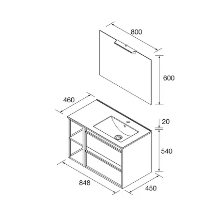 PLANO CONJUNTO MUEBLE DE BAÑO ATTILA 2 CAJONES 1 COQUETA ALGAR