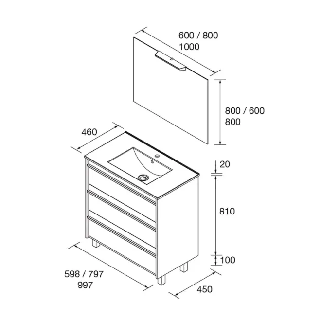 PLANO CONJUNTO MUEBLE DE BAÑO ATTILA 3 CAJONES SALGAR