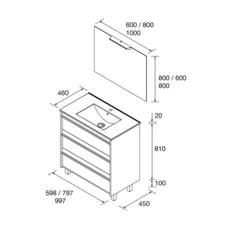 PLANO CONJUNTO MUEBLE DE BAÑO ATTILA 3 CAJONES SALGAR