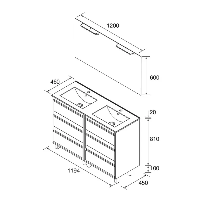PLANO CONJUNTO MUEBLE DE BAÑO ATTILA 6 CAJONES SALGAR