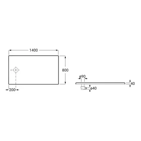 PLANO PLATO DE DUCHA CERAMICO CRATOS DESAGUE LATERAL ROCA