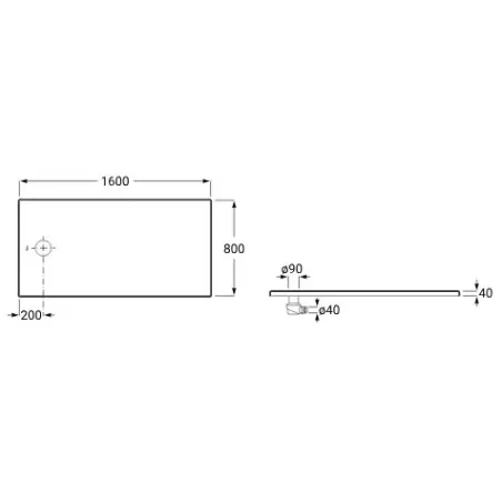 PLANO PLATO DE DUCHA CERAMICO CRATOS DESAGUE LATERAL ROCA