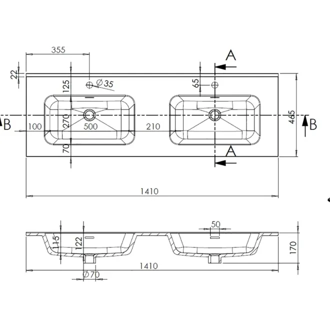 PLANO LAVABO DOBLE ENCIMERA IBERIA BAALNEO