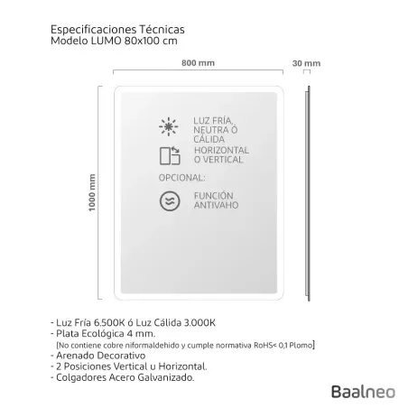 Espejo Baño Luz Led Perimetral Lumo Plano
