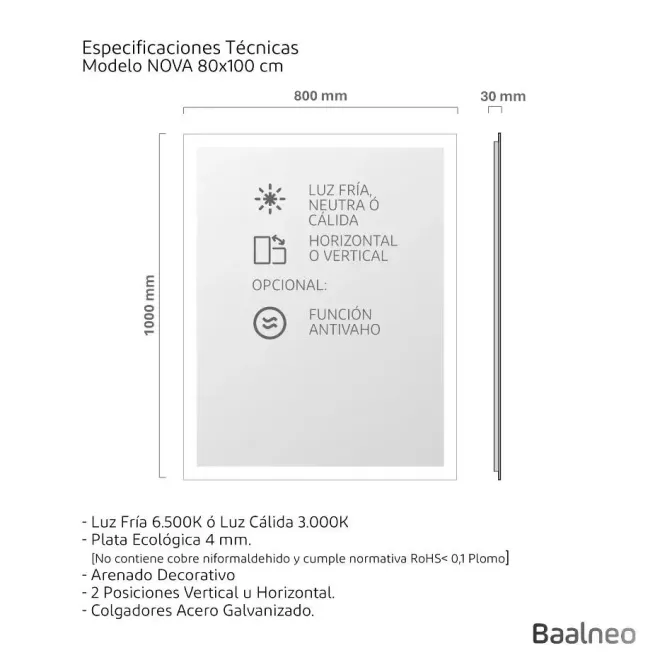 Espejo Baño Luz Led Perimetral Nova Plano