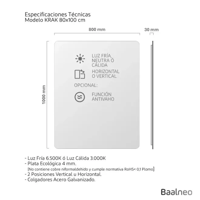 Espejo Baño Luz Led Perimetral Krak Plano