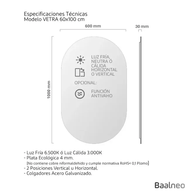 Espejo Baño Luz Led Perimetral Vetra Plano
