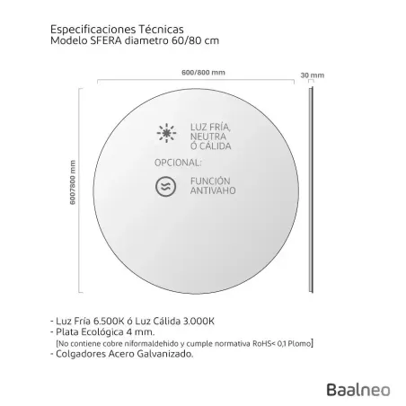 Espejo Baño Luz Led Perimetral Sfera Plano
