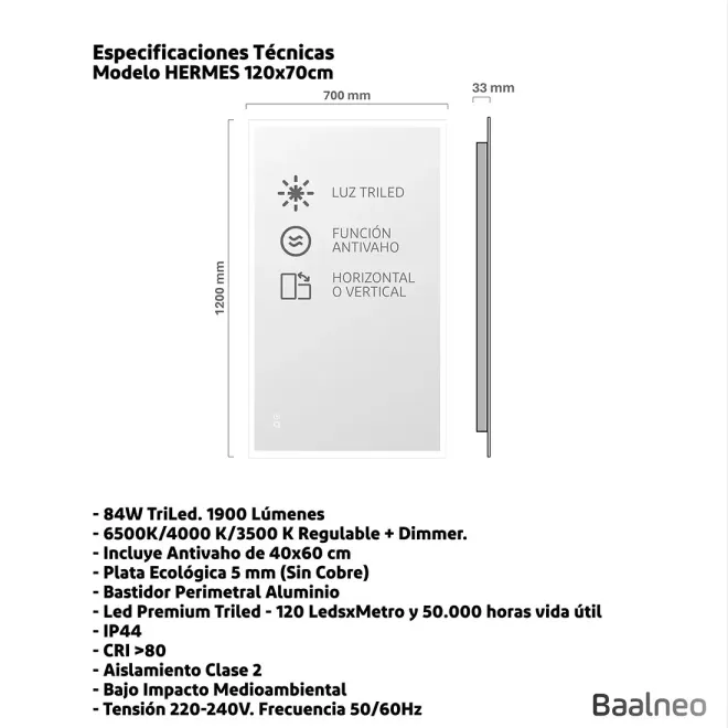 Espejo Luz Led Hermes 70x120 Técnico