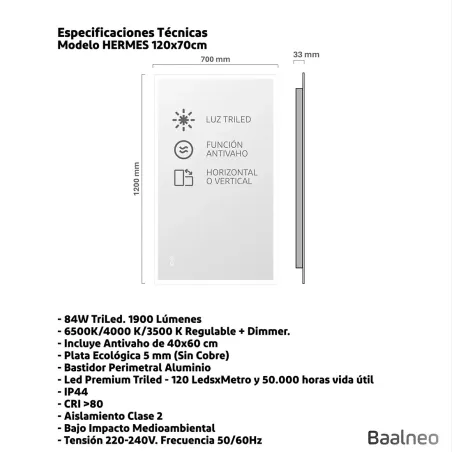Espejo Luz Led Hermes 70x120 Técnico
