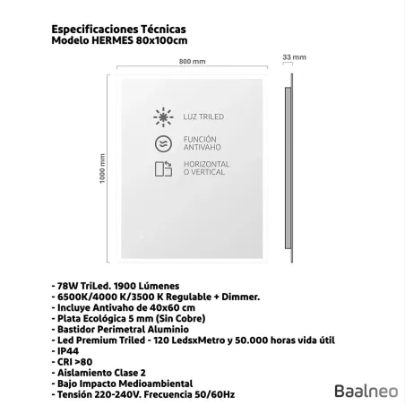 Espejo Luz Led Hermes 80x100 Técnico