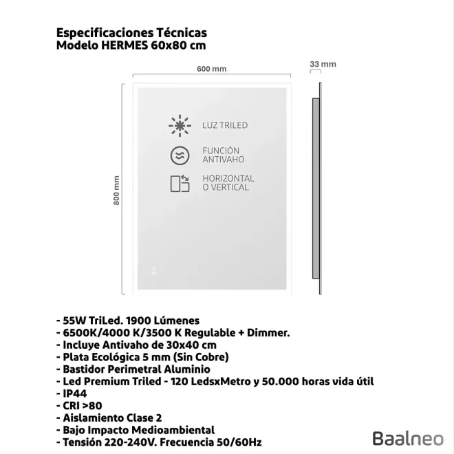 Espejo Luz Led Hermes 60x80 Técnico