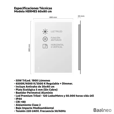 Espejo Luz Led Hermes 60x80 Técnico
