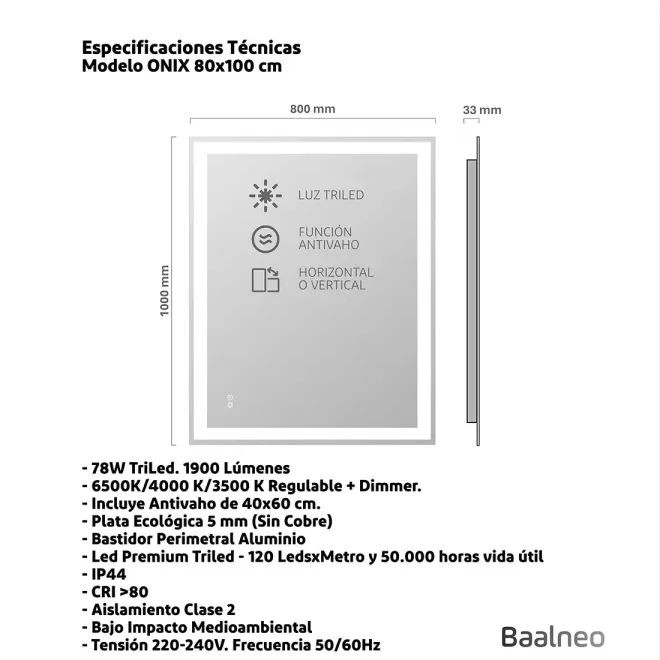 Espejo Luz Led Onix 80x100 Técnico