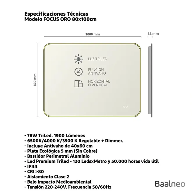 Espejo Luz Led Focus 100x80 Oro Técnico