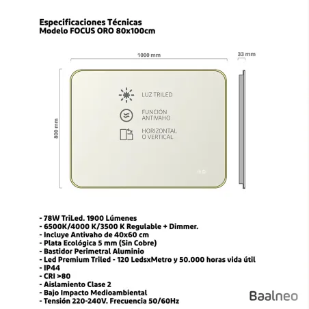 Espejo Luz Led Focus 100x80 Oro Técnico