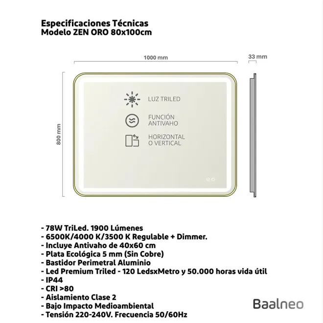 Espejo Baño Luz Led Zen 80x100 Oro Técnico
