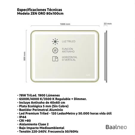 Espejo Baño Luz Led Zen 80x100 Oro Técnico