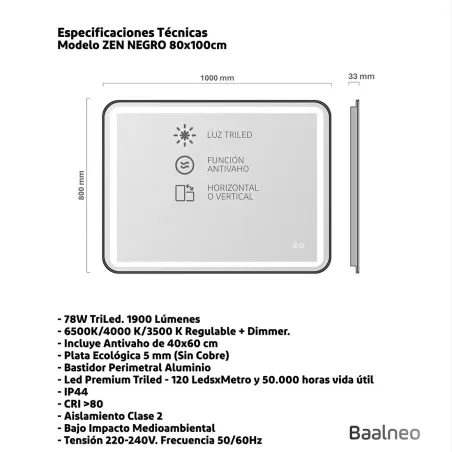 Espejo Baño Luz Led Zen 80x100 Negro Técnico