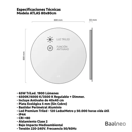 Espejo Led Redondo Atlas 80 cm Técnico