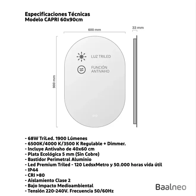 Espejo Baño Led Bali 60x90 Técnico