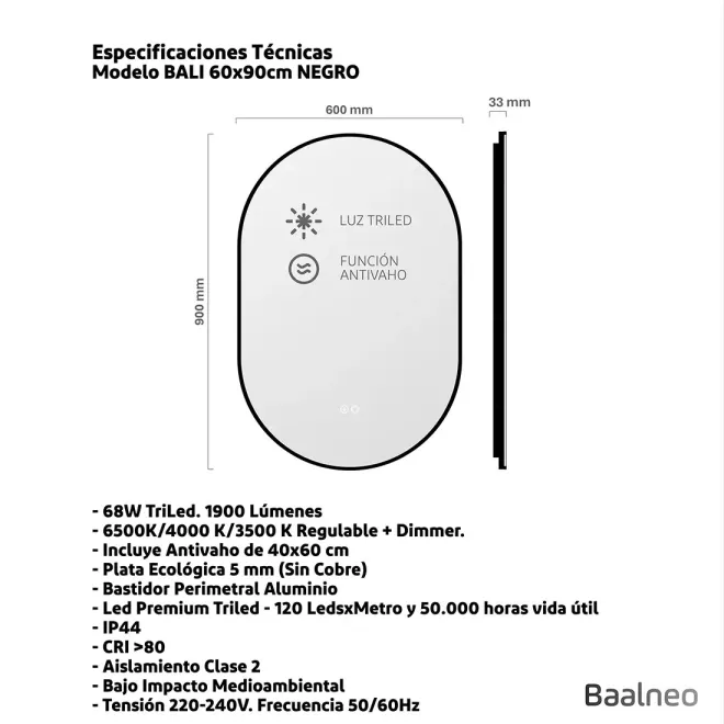 Espejo Led 60x90 Bali Negro Técnico