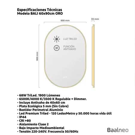 Espejo Led 60x90 Bali Oro Técnico