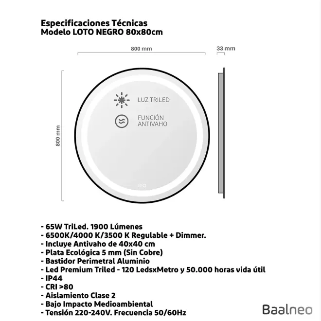 Espejo Baño Led Loto Oro Técnico
