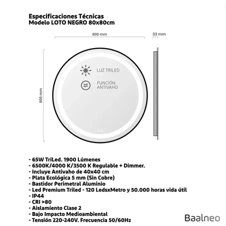 Espejo Baño Led Loto Oro Técnico