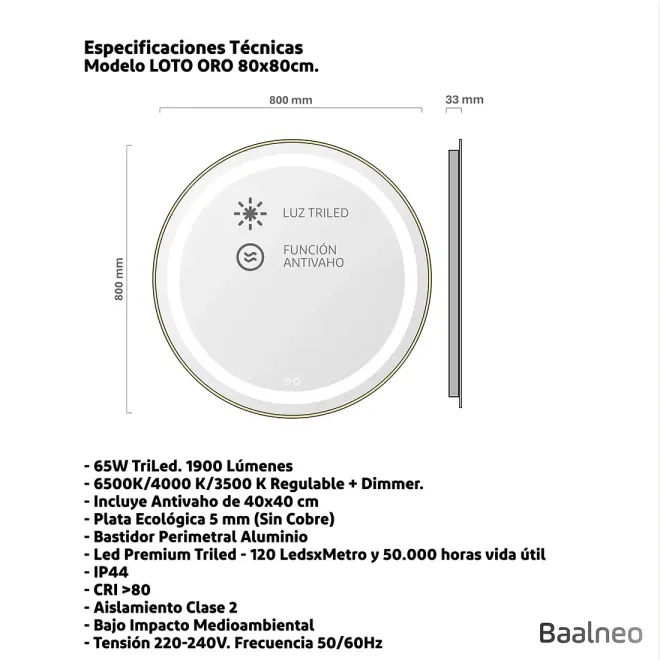 Espejo Baño Led Loto Negro Técnico