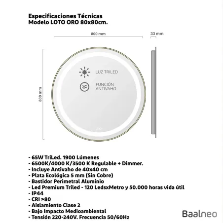 Espejo Baño Led Loto Negro Técnico