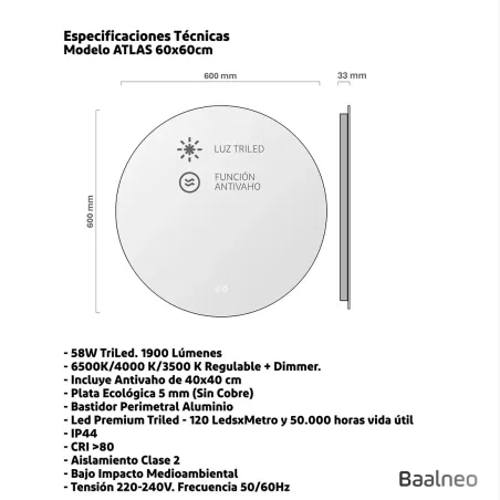 Espejo Led Redondo Atlas 60 cm Técnico