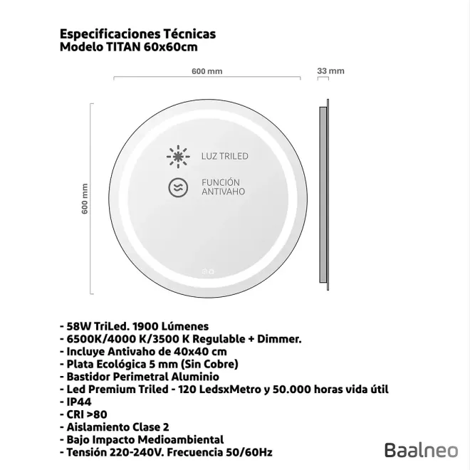 Espejo Baño Led Titan 60 Técnico