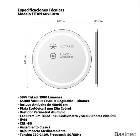 Espejo Baño Led Titan 60 Técnico
