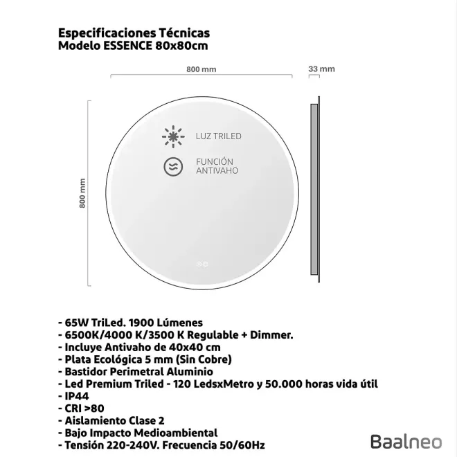 Espejo Baño Led Essence 80 Técnico