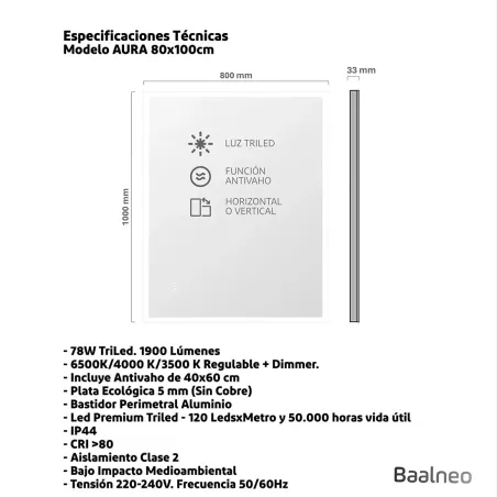 Espejo Baño Led Lampsi 80x100 Técnico