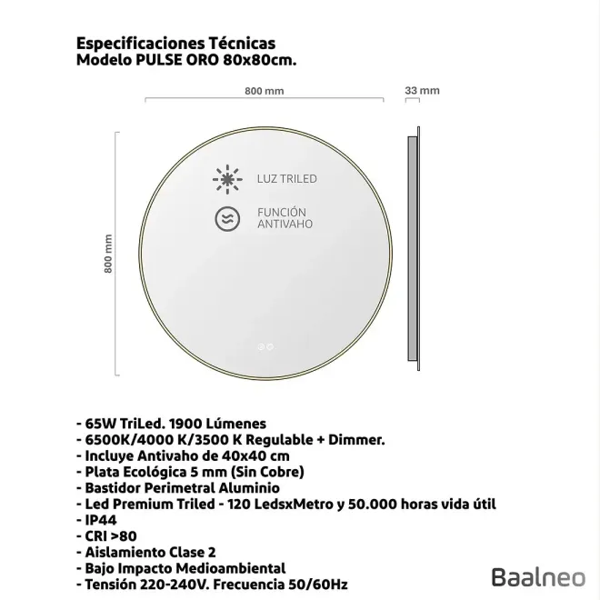 Espejo Baño Led Lampsi Oro 80x80 Técnico