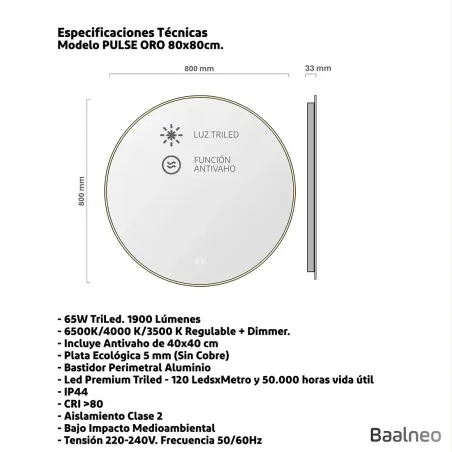 Espejo Baño Led Lampsi Oro 80x80 Técnico